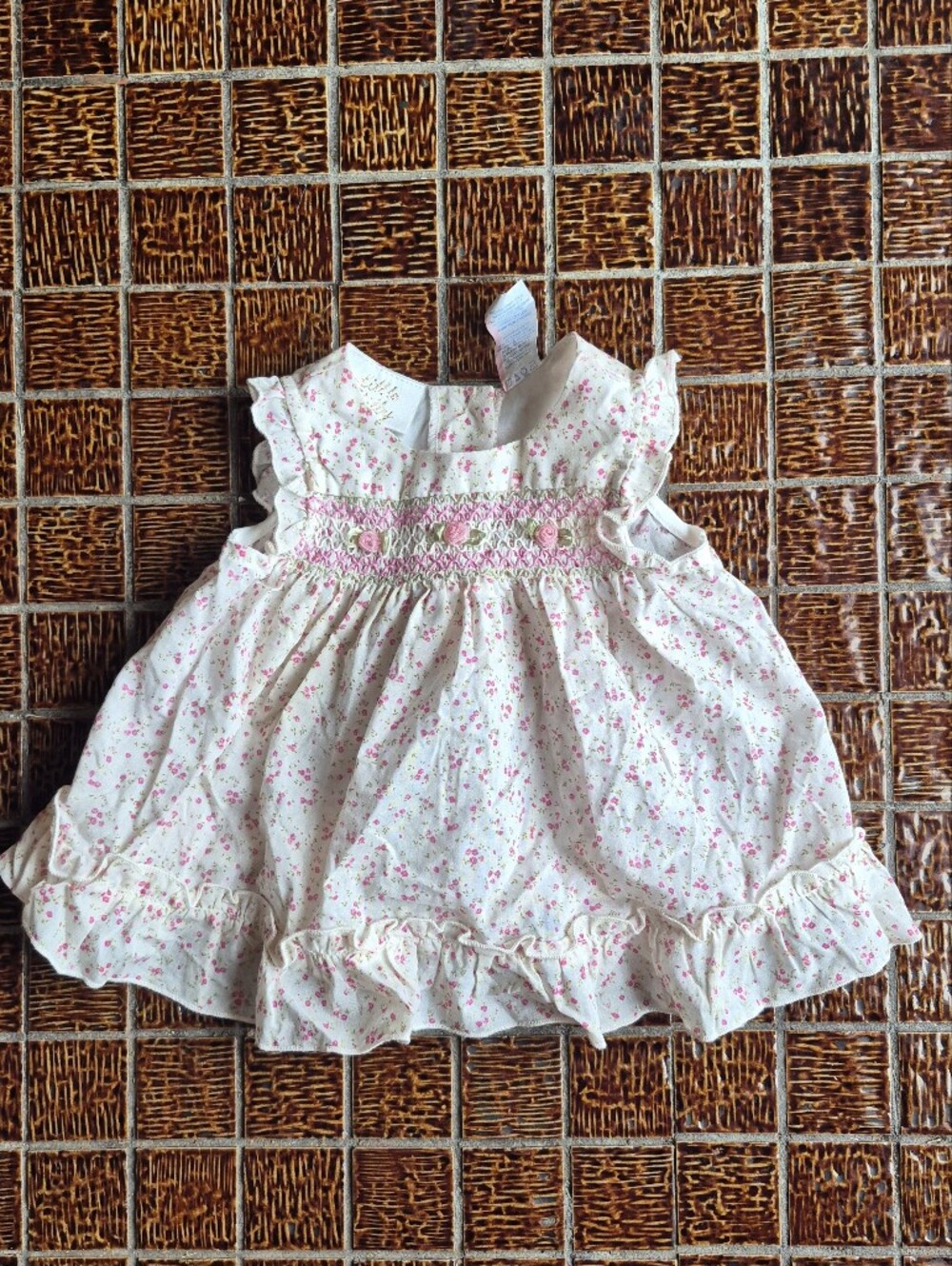 Toddler Cream Floral Dress with Pink Smocked Waist